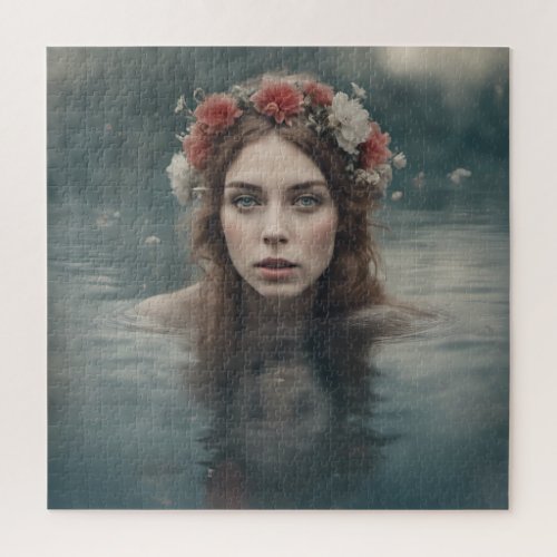 Woman With Flowers on her Head Floating in a Pond Jigsaw Puzzle