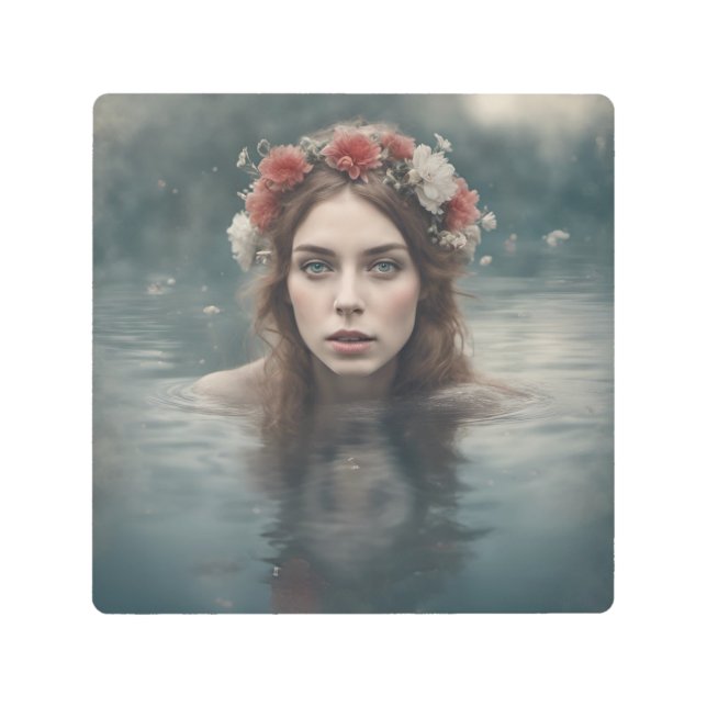Woman With Flowers on her Head Floating in a Pond Metal Print (Front)