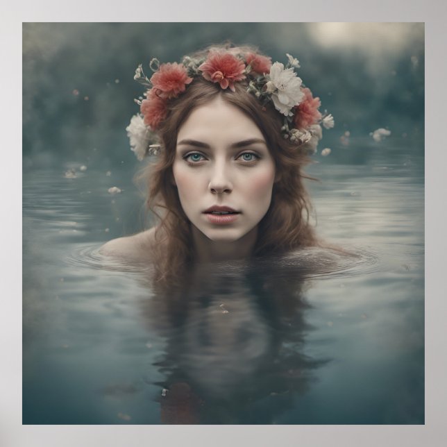 Woman With Flowers on her Head Floating in a Pond Poster (Front)