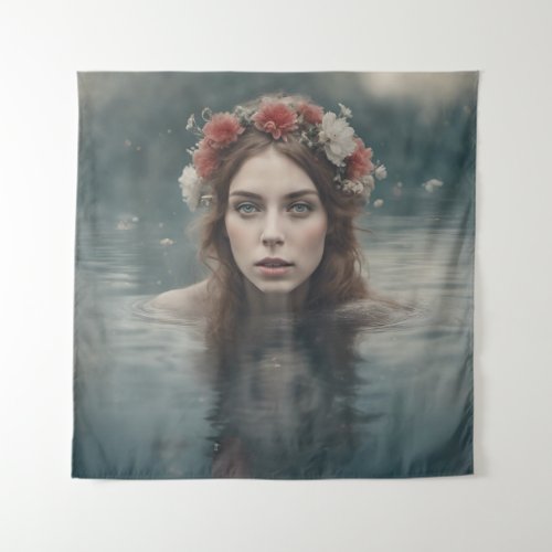 Woman With Flowers on her Head Floating in a Pond Tapestry