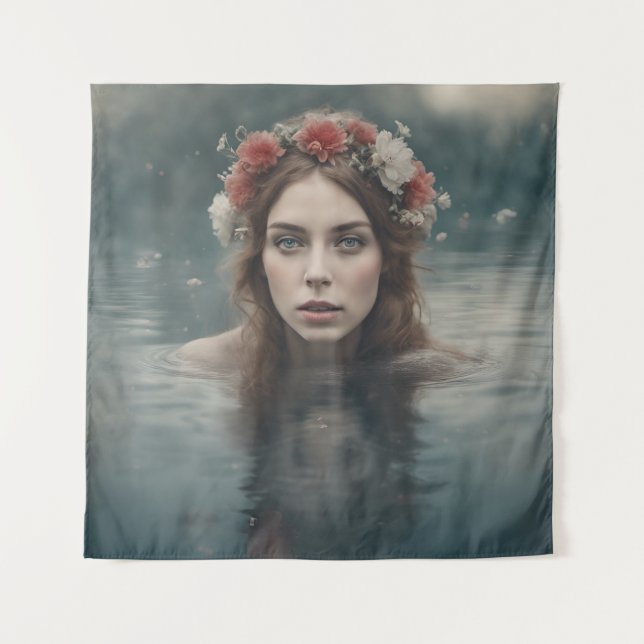 Woman With Flowers on her Head Floating in a Pond Tapestry (Front)