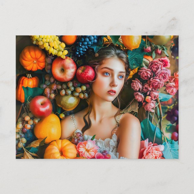 Woman with grapes and floral arrangement postcard (Front)