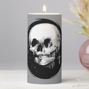 Woman With Halloween Cranium Reflection In Mirror Pillar Candle