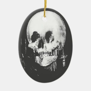 Woman with Halloween Skull Reflection In Mirror Ceramic Ornament