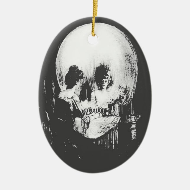 Woman with Halloween Skull Reflection In Mirror Ceramic Ornament (Front)