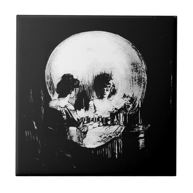 Woman with Halloween Skull Reflection In Mirror Ceramic Tile (Front)