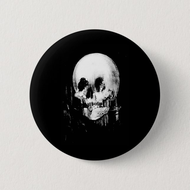 Woman with Halloween Skull Reflection In Mirror Pinback Button (Front)