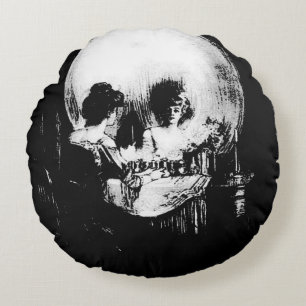 Woman with Halloween Skull Reflection In Mirror Round Pillow