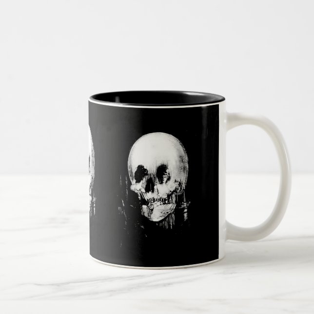 Woman with Halloween Skull Reflection In Mirror Two-Tone Coffee Mug (Right)