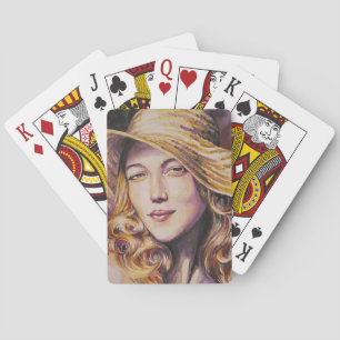 Woman with hat poker cards