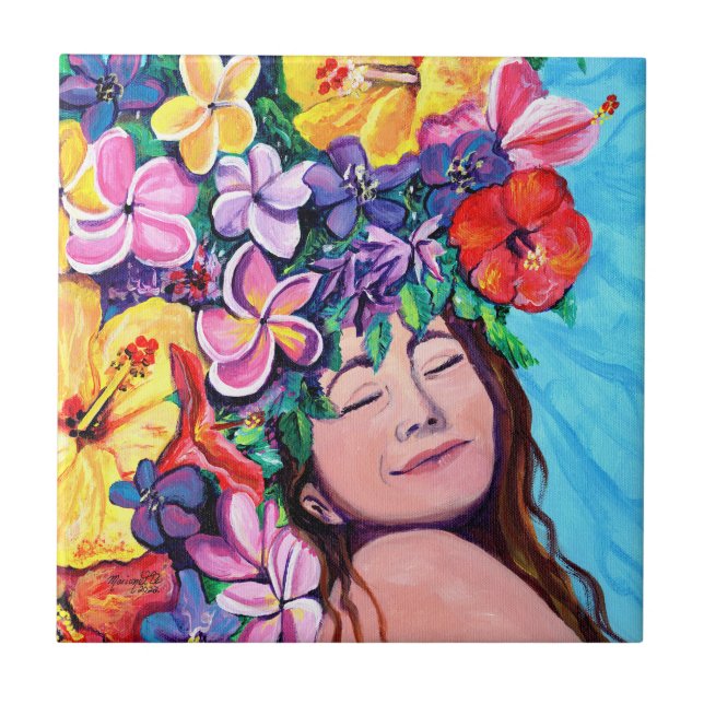 Woman with Hawaiian Flowers Ceramic Tile (Front)