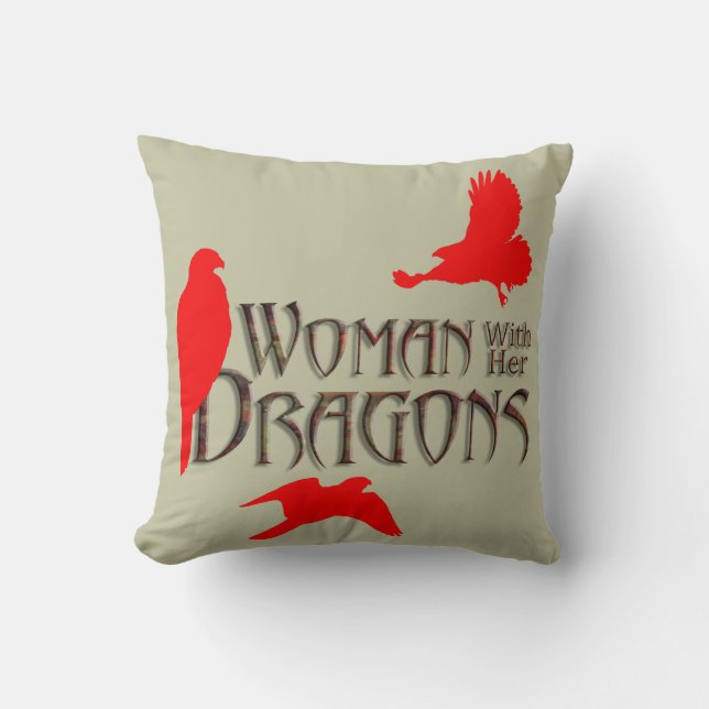 Woman with her Dragons Throw Pillow (Front)