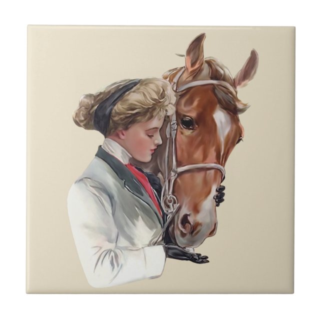 Woman With Her Favorite Horse Ceramic Tile (Front)