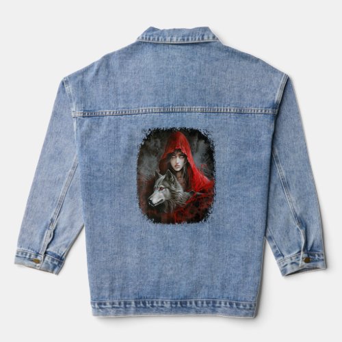 Woman with Hood in red and Gray Wolf Fantasy Paint Denim Jacket