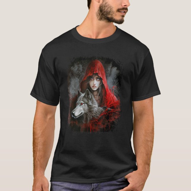 Woman with Hood in red and Gray Wolf Fantasy Paint T-Shirt (Front)