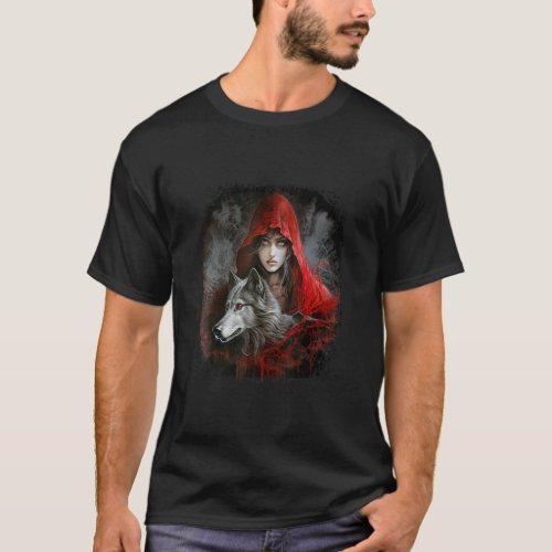 Woman with Hood in red and Gray Wolf Fantasy Paint T_Shirt