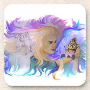 Woman with Horse and Butterfly Beverage Coaster