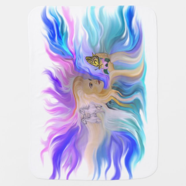 Woman with Horse and Butterfly on Lotus Flower Baby Blanket (Front)