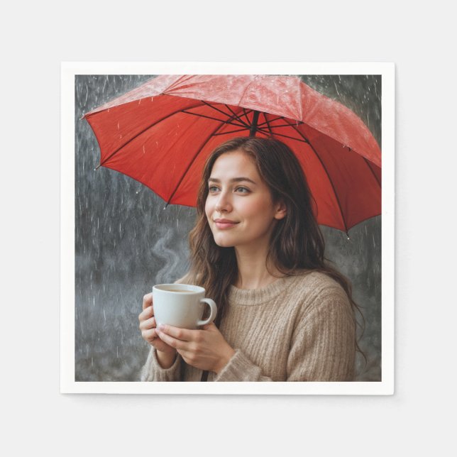 Woman With Hot Coffee Cup Under a Red Umbrella Napkins (Front)