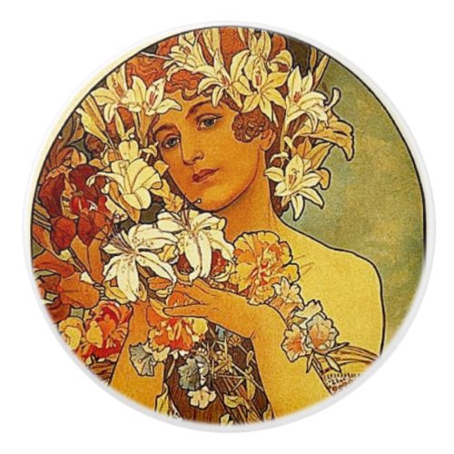 Woman with Lilies Ceramic Knob