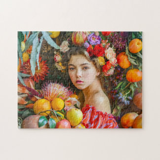 Woman with mixed fruits and floral decor jigsaw puzzle