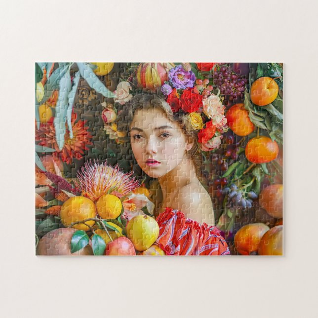 Woman with mixed fruits and floral decor jigsaw puzzle (Horizontal)