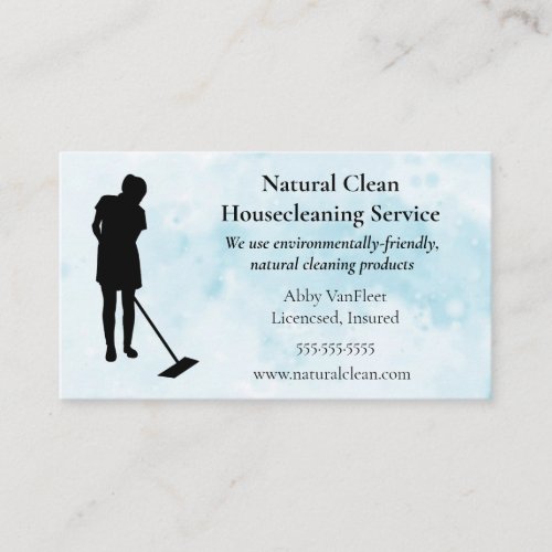 Woman with Mop on Blue and White Background Business Card