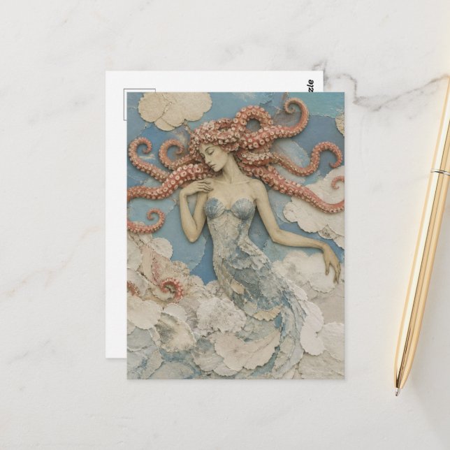 Woman With Octopus Hair in the Clouds Collage Postcard (Front/Back In Situ)