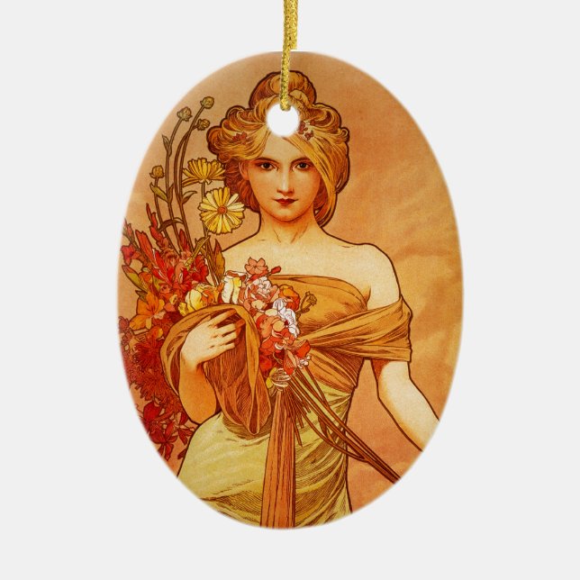 Woman with Oragna Bouquet Ceramic Ornament (Front)