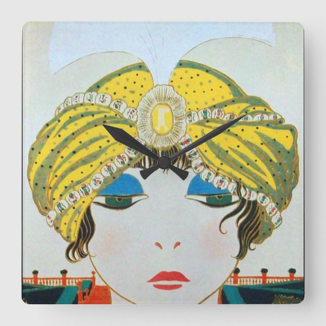 WOMAN WITH ORIENTAL YELLOW TURBAN / Beauty Fashion Square Wall Clock (Front)