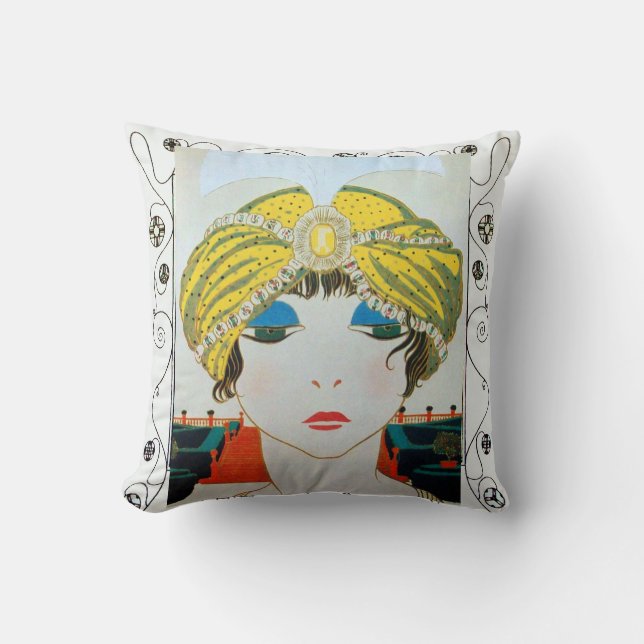 WOMAN WITH ORIENTAL YELLOW TURBAN / Beauty Fashion Throw Pillow (Front)