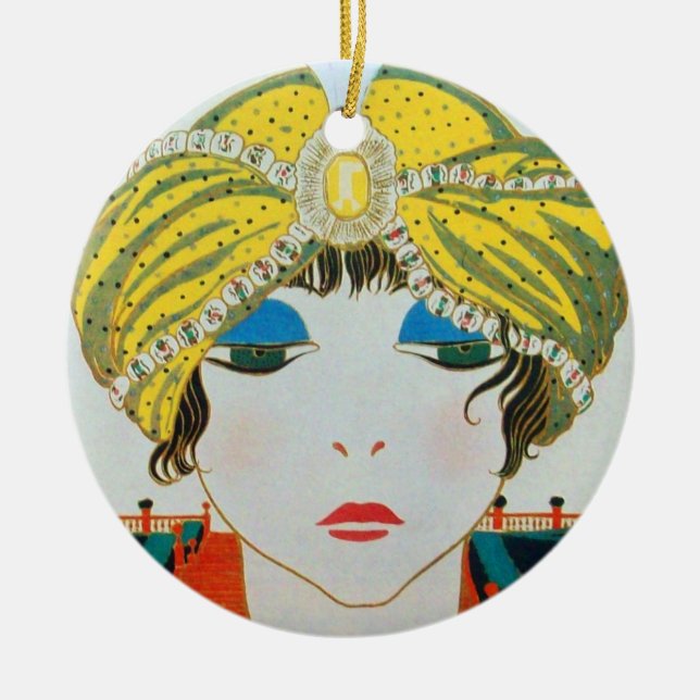 WOMAN WITH ORIENTAL YELLOW TURBAN / BLUE SAPPHIRE CERAMIC ORNAMENT (Front)