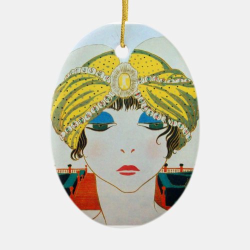 WOMAN WITH ORIENTAL YELLOW TURBAN  BLUE SAPPHIRE CERAMIC ORNAMENT