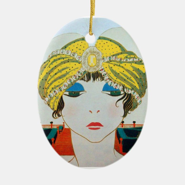 WOMAN WITH ORIENTAL YELLOW TURBAN / BLUE SAPPHIRE CERAMIC ORNAMENT (Front)