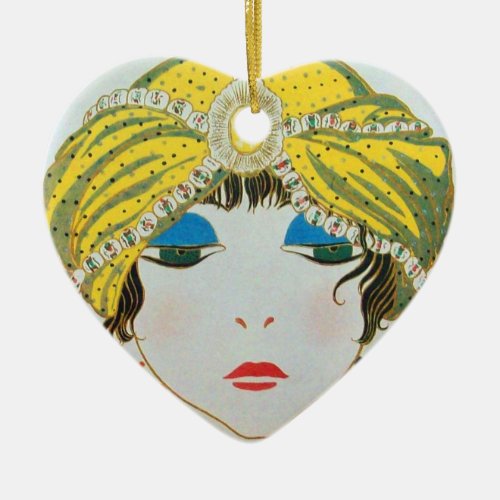 WOMAN WITH ORIENTAL YELLOW TURBAN  RED RUBY HEART CERAMIC ORNAMENT