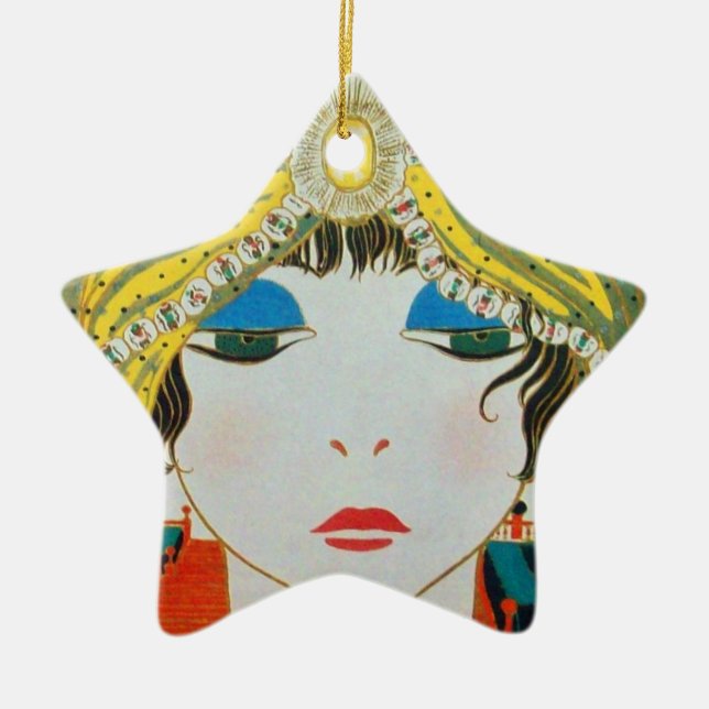 WOMAN WITH ORIENTAL YELLOW TURBAN Star Ceramic Ornament (Front)