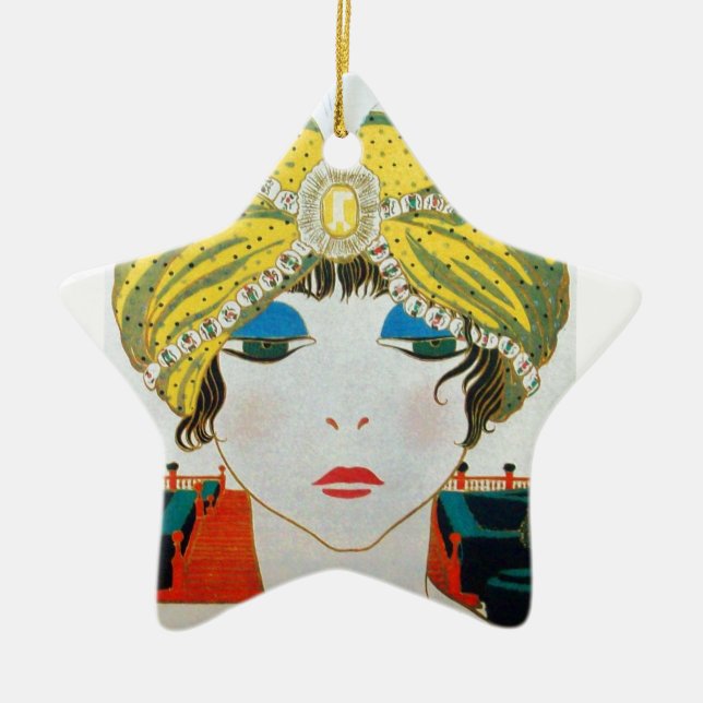 WOMAN WITH ORIENTAL YELLOW TURBAN Star Ceramic Ornament (Front)