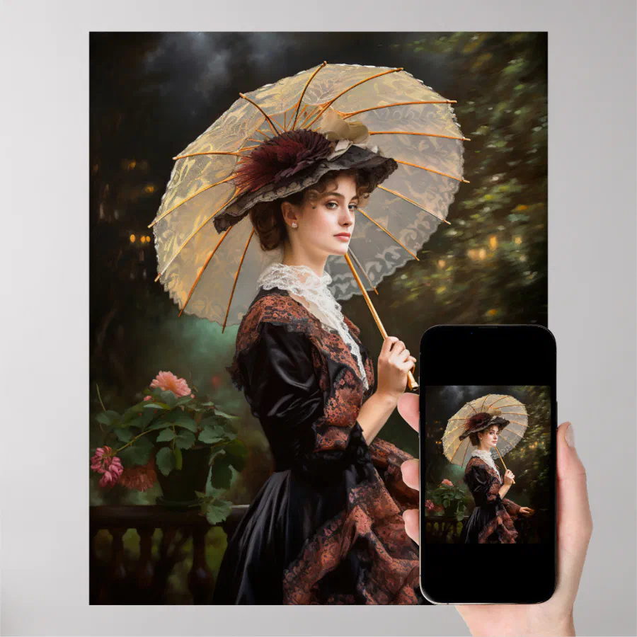 Woman with parasol walking in the garden poster (Downloadable)