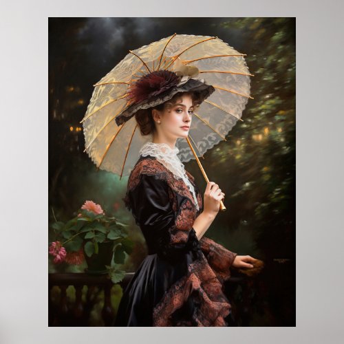 Woman with parasol walking in the garden poster