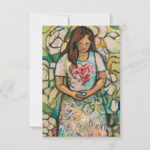 Woman with Patience prayer card, Romans 5