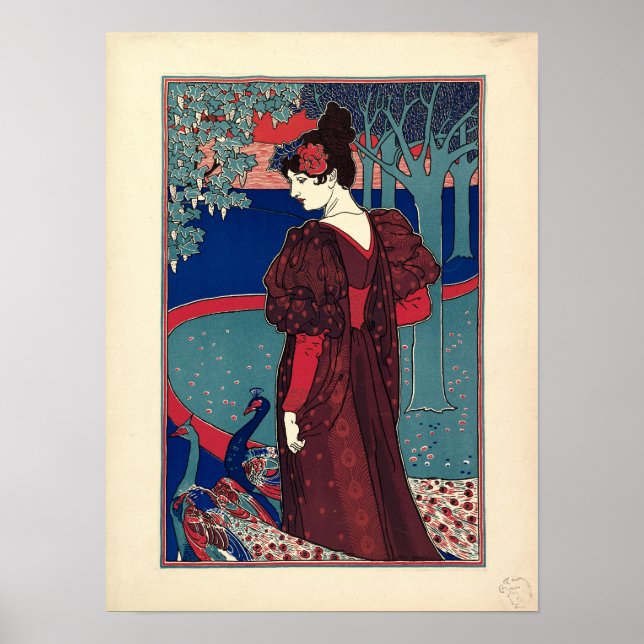 Woman with Peacocks 1897 by Louis Rhead Poster (Front)
