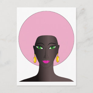 Woman With Pink Afro and Green Eyes Abstract Art Postcard