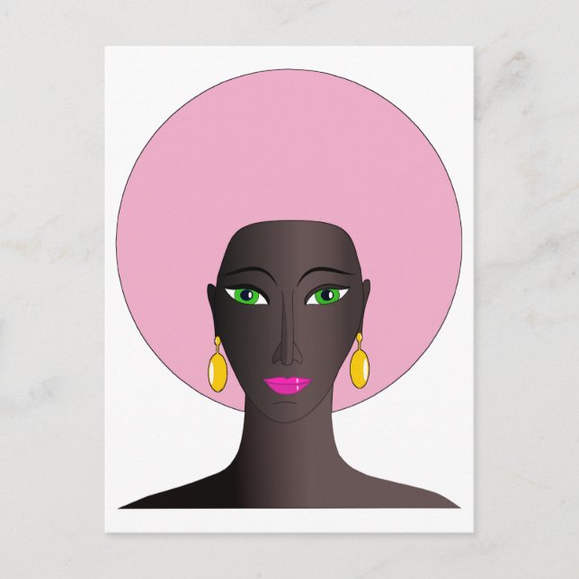 Woman With Pink Afro and Green Eyes Abstract Art Postcard (Front)