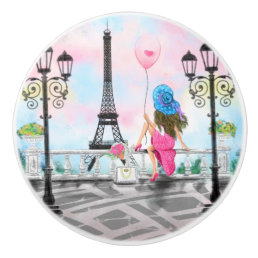 Woman with Pink Balloon in Paris Ceramic Knob