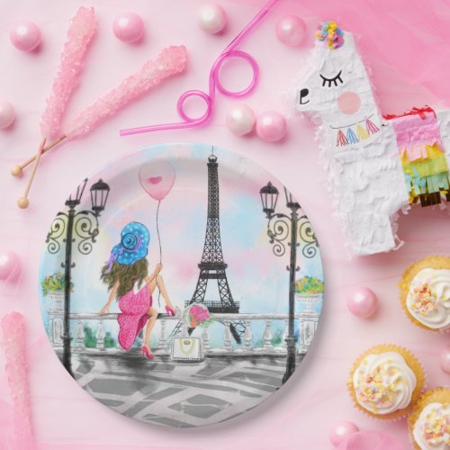 Woman with Pink Balloon In Paris Paper Plates