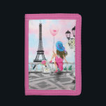 Woman with Pink Balloon in Paris Trifold Wallet<br><div class="desc">Pretty Woman and Pink Heart Balloon - I Love Paris - Eiffel Tower Romantic Drawing - Choose / Add Your Unique Text / Font / Color - Make Your Special Gift - Resize and move or remove and add elements - Image / text with customization tool ! - Drawing and...</div>