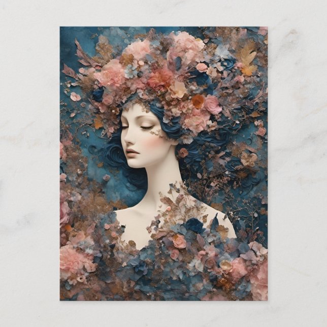 Woman with Pink Flowers Mixed Media Collage Postcard (Front)