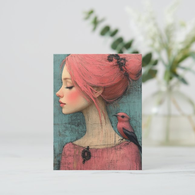 Woman with pink hair and a bird on her shoulder postcard (Standing Front)