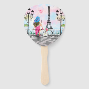 Woman with Pink Heart Balloon In Paris Hand Fan