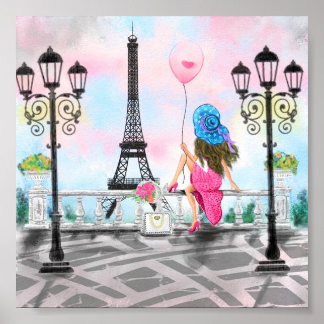 Woman with Pink Heart Balloon In Paris Poster (Front)